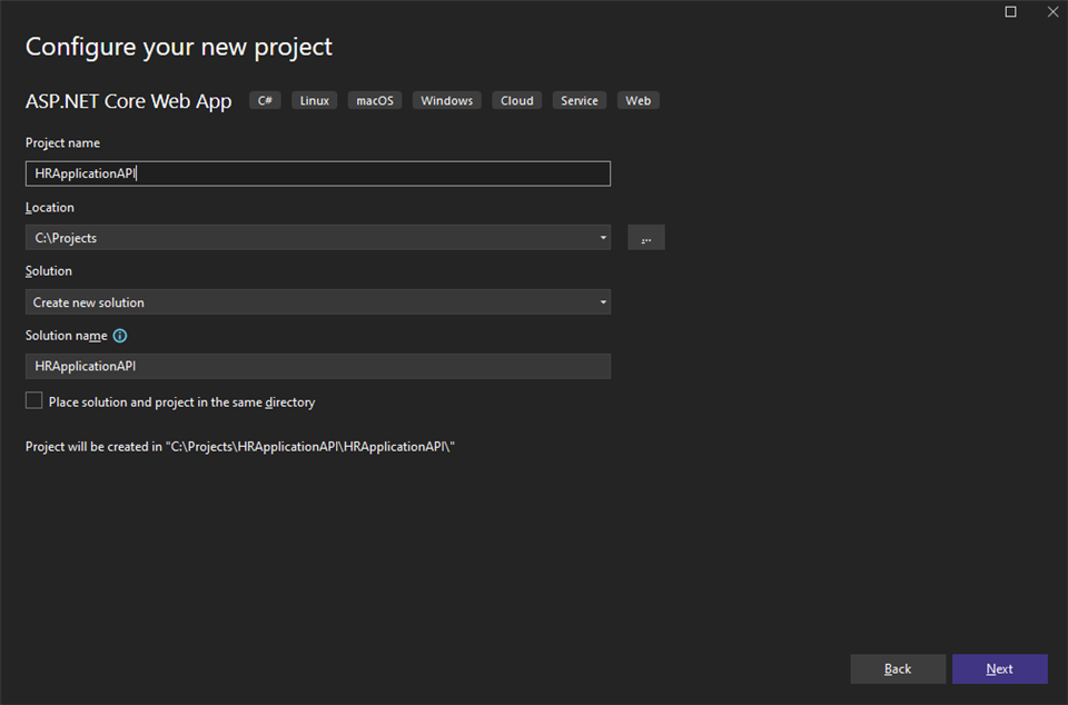 Choose the name of the application in Visual Studio