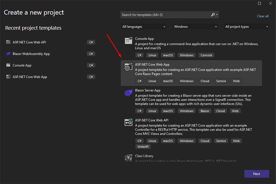 open Visual Studio, go to create a new project and then choose ASP.NET Core Web API
