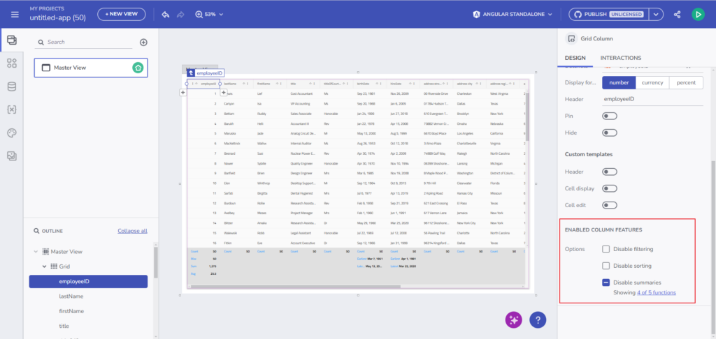 Grid Summaries toggle – Added a property to enable/disable summaries per column